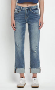 High Rise Cuff Straight Jeans