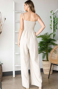 Solid Linen Smocked Jumpsuits