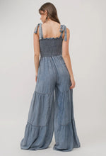 Load image into Gallery viewer, Smocked Tie Chambray Palazzo Wide Pant Jumpsuit