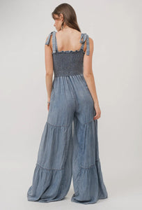 Smocked Tie Chambray Palazzo Wide Pant Jumpsuit