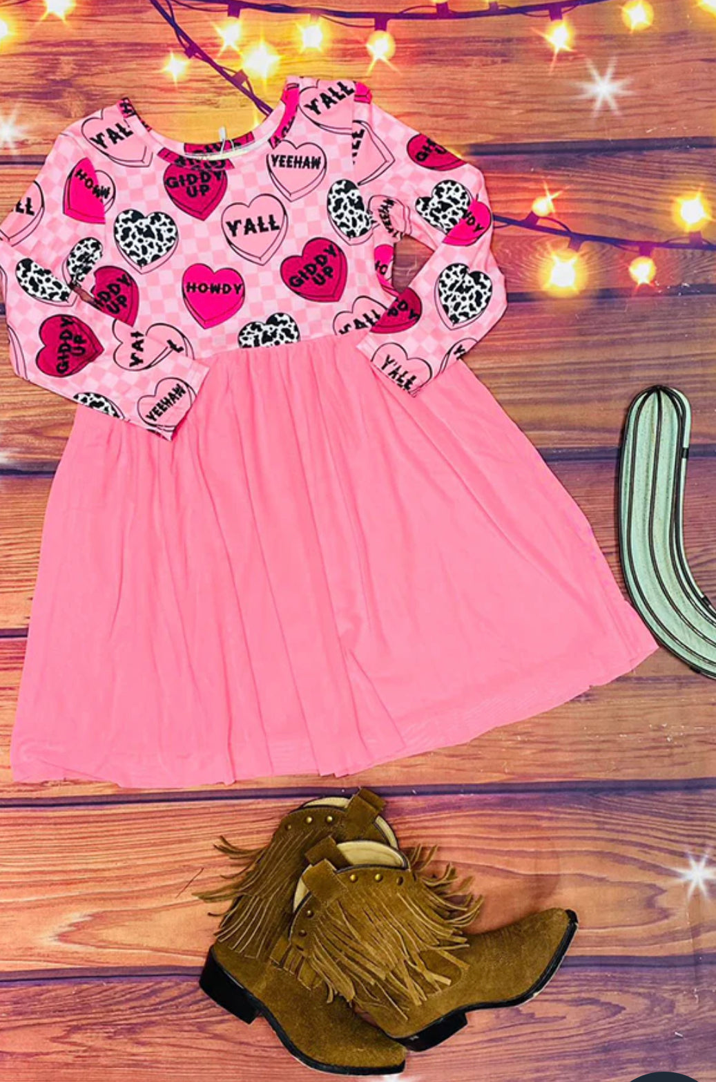 Girls Heart Printed Pink Checkered Long Sleeve Dress
