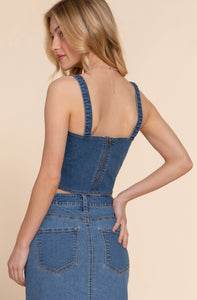 Front Lined Detail Back Zipper Stretch Denim Cami Top