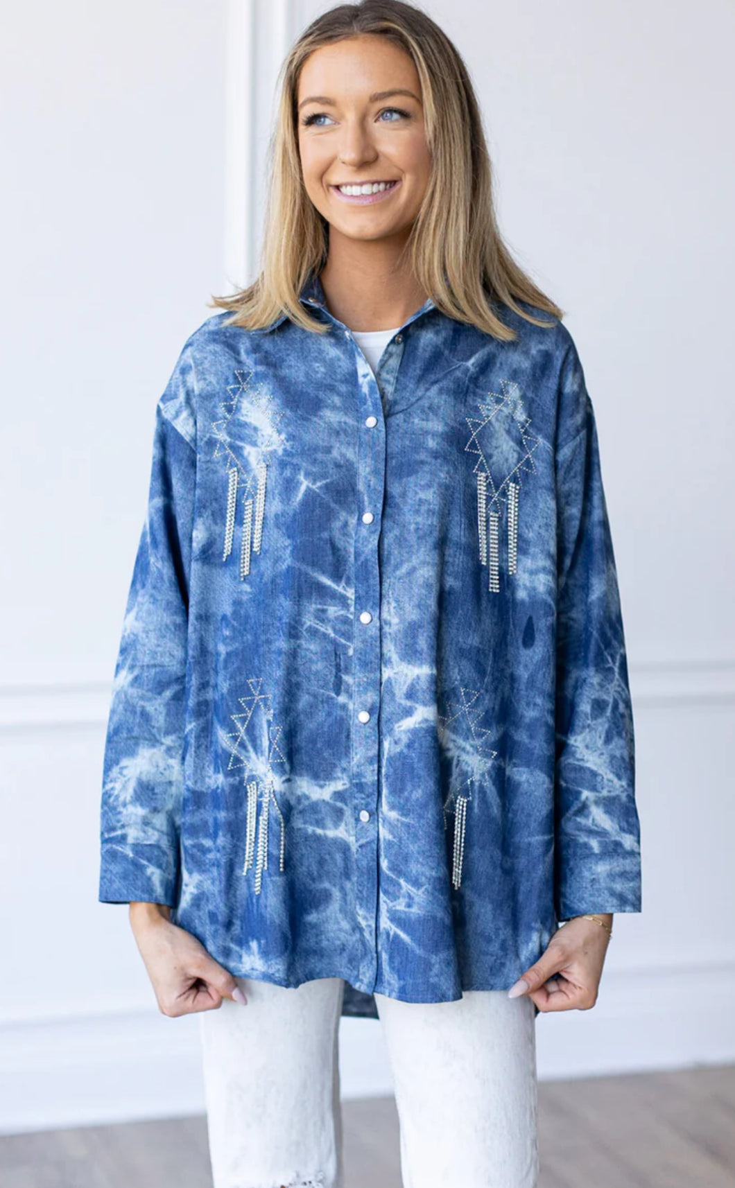 'Sparkles And Spurs’ Denim Button Up With Rhinestone Fringe