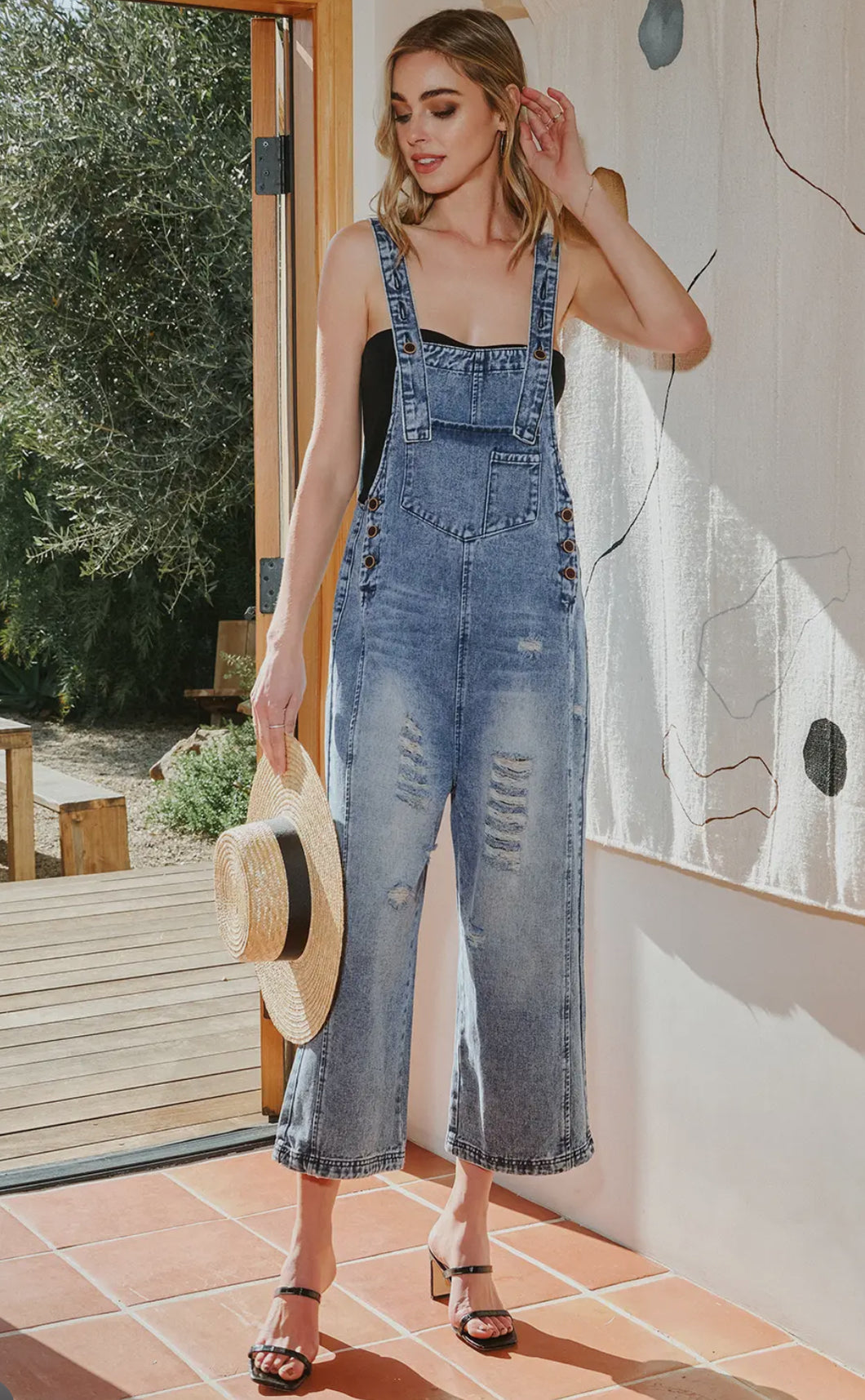 Fashion-W Distressed Bib Pocket Wide Leg Denim Overall