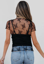 Load image into Gallery viewer, Floral Sheer Mesh Short Sleeve Mock Neck Blouse