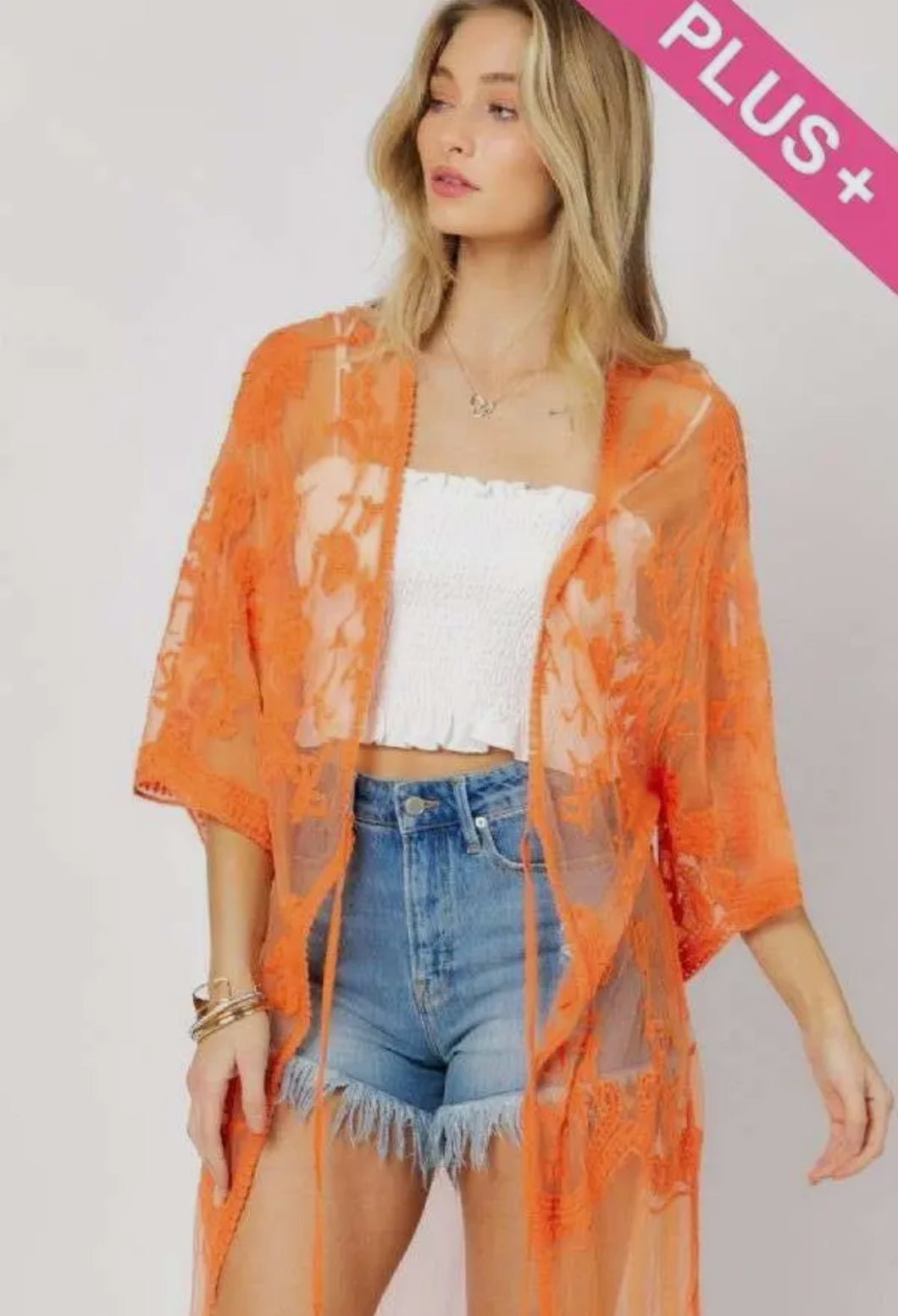 Plus Boho Sheer Lace Kimono Maxi Cardigan