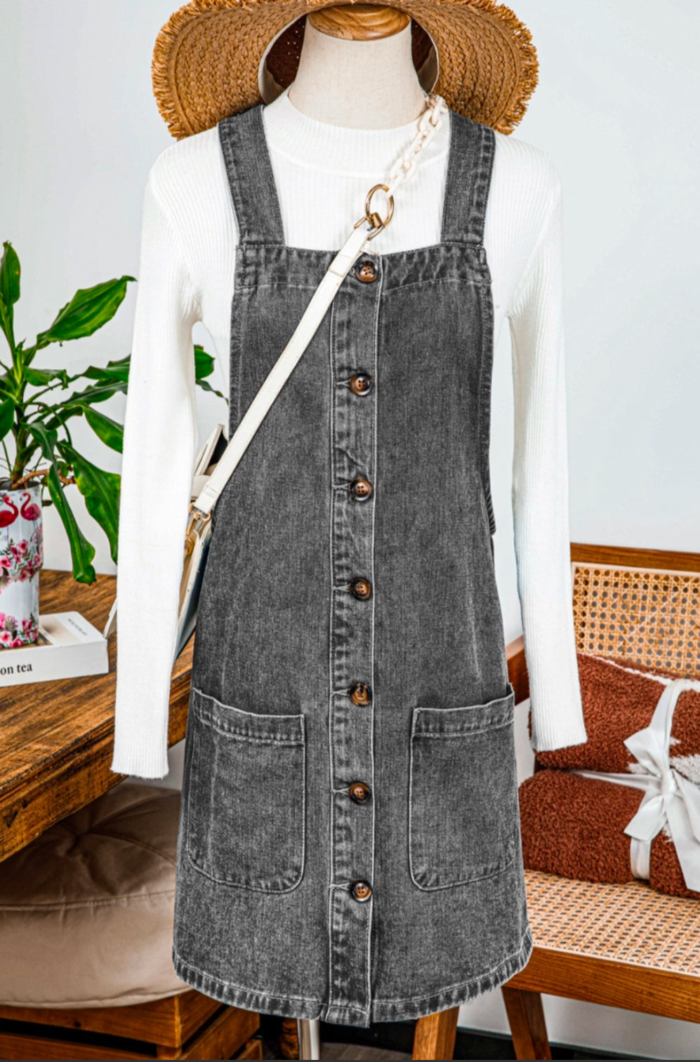 Western Wide Strap Button Front Pocketed Denim Mini Dress