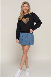 Long Sleeve Crew Neck Sequin Detail Inner Fleece Sweatshirt - Black