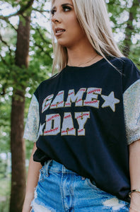 Sequins Embroidery Game Day Tee - Black