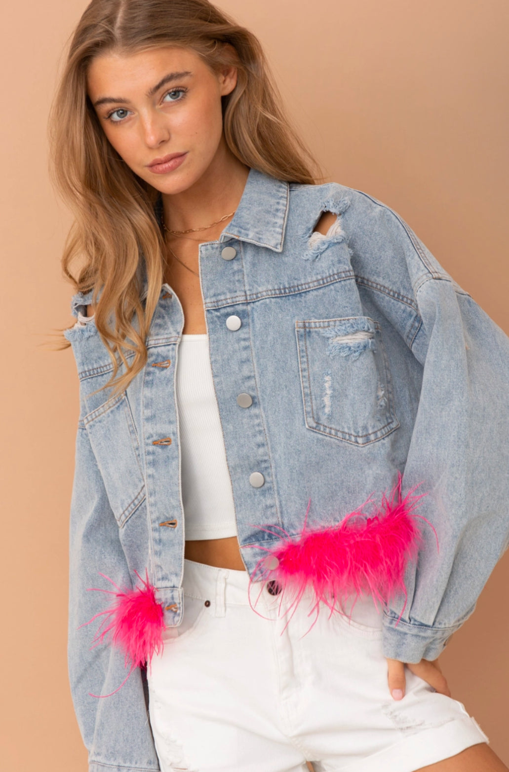 Oversized Ostrich Fur Crop Denim Jacket