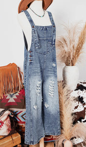 Fashion-W Distressed Bib Pocket Wide Leg Denim Overall