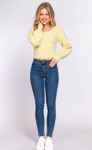 Long Puff Sleeve V-Neck Rib Sweater Top