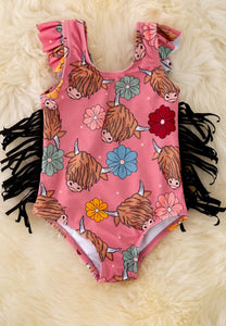 Highland Cow Printed Swimsuit with Side Fringe