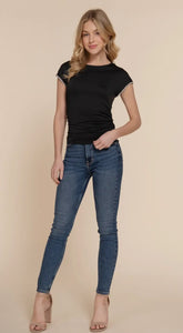 Cap Sleeve with Crystal Jewel Shirring Ity Top - Black