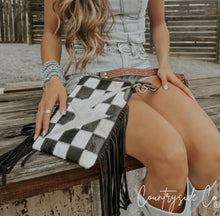 Load image into Gallery viewer, Checkered Cowhide Bolt Purse with Tooled Leather Strap
