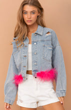 Load image into Gallery viewer, Oversized Ostrich Fur Crop Denim Jacket