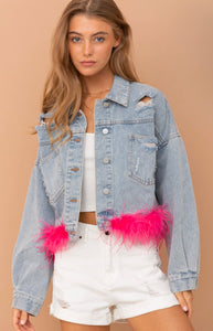 Oversized Ostrich Fur Crop Denim Jacket