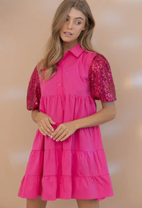 Sequin Puff Slv Tiered Poplin Button Up Shirt Dress