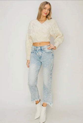 High Rise Stretch Crop Flare with Frayed Hem Jeans