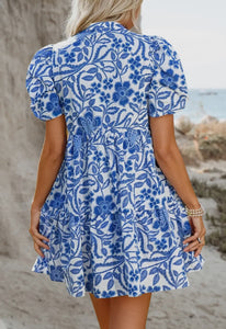 Blue Flower Print Puff Sleeve Tiered Dress