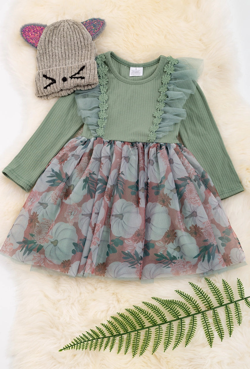 Green Pumpkin Printed Girls Tulle Dress