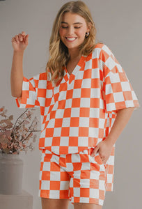 Checkered Print V Neck Top & Shorts Lounge Set