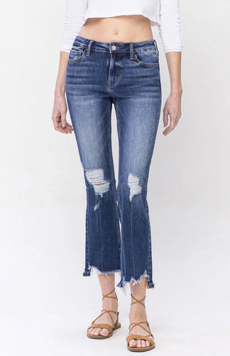 Mid Rise Slant Step Crop Flare Jeans