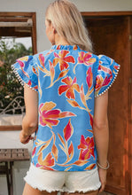 Load image into Gallery viewer, Floral Print Pompom Trim Flutter Sleeve Top