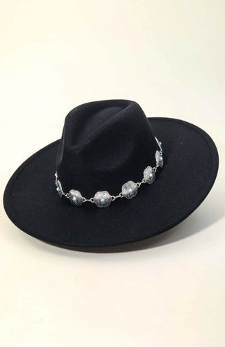 Concho Chain Strap Flat Brim Fedora Fashion Hat