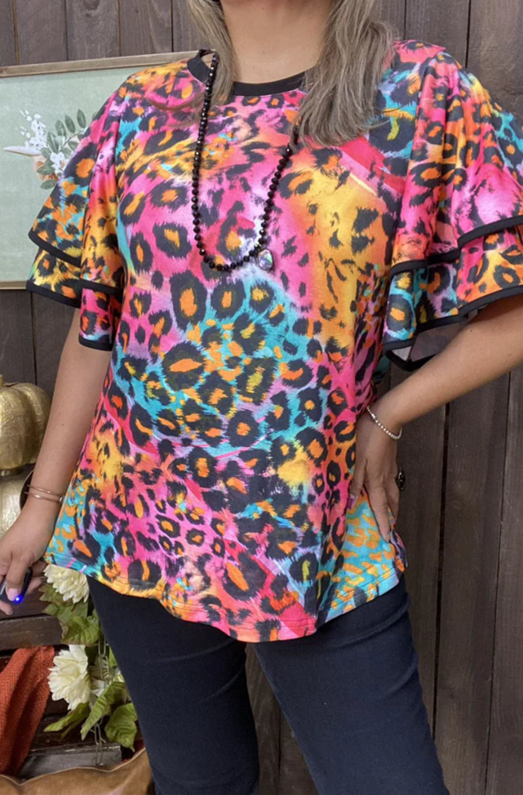 Colorful Leopard Double Ruffle Short Sleeve Top