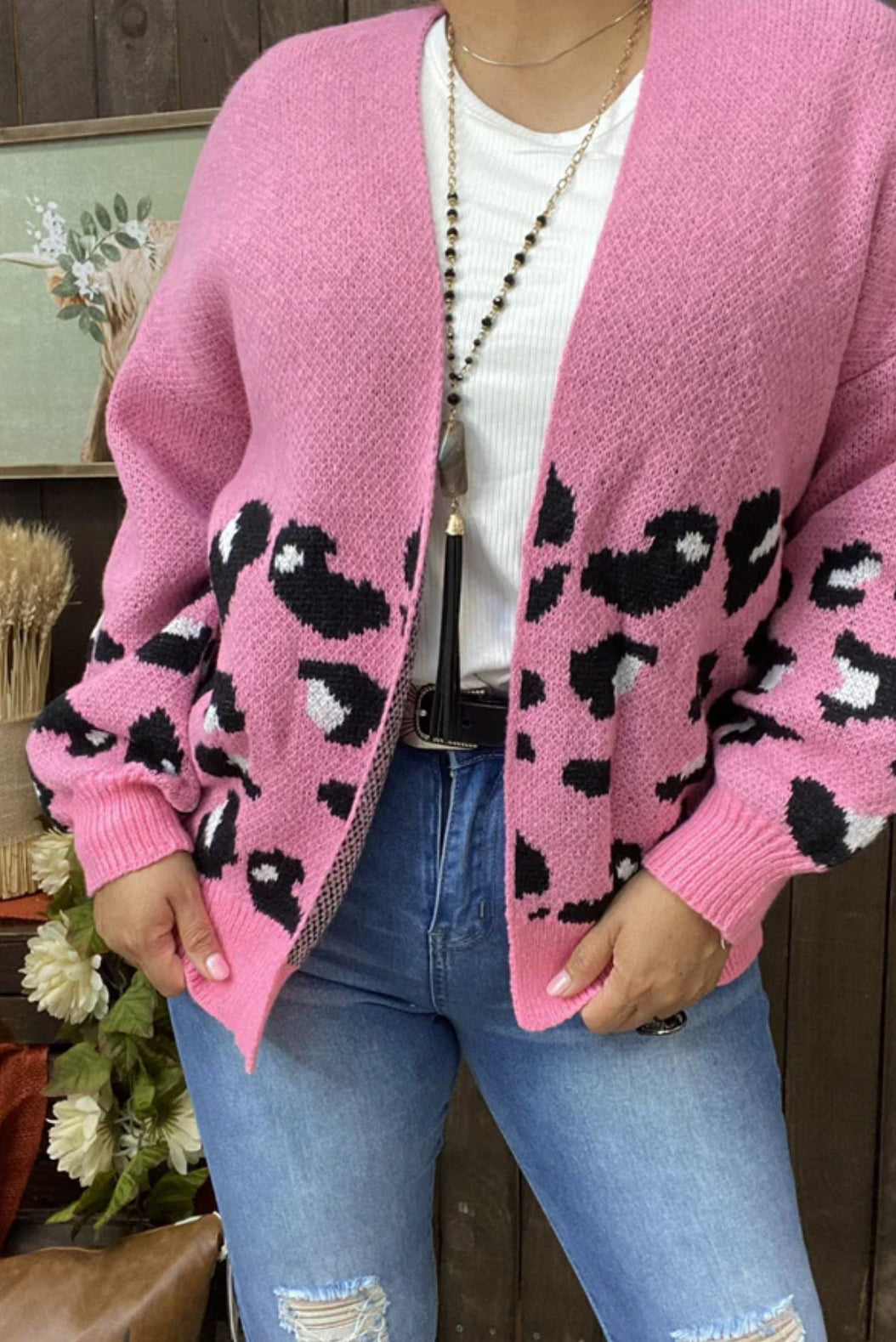 Black & White Leopard Printed Pink Solid Long Sleeve Cardigan