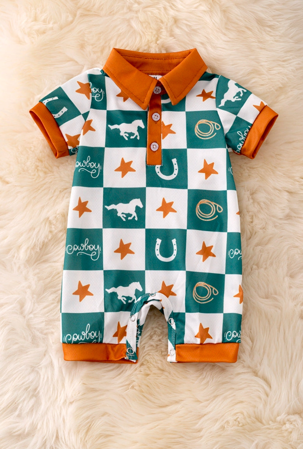 Mustang Stud Printed Checkered Baby Romper