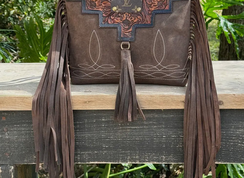 Upcycled Lv Leather Suede Boot Stitch Fringe Crossbody Bag
