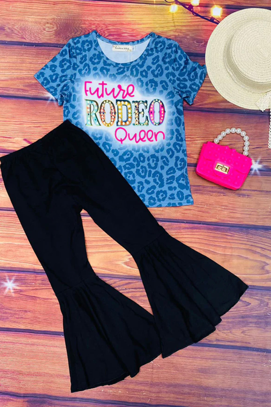 Kids Leopard Printed Short Sleeve Top With Bell Bottoms 2 Pc Set