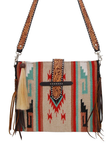 Belted Tote Cross Body Woolen Purse with Brown Fringes