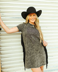 Black Mineral Wash Dress With Side Fringe