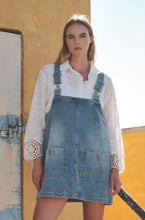 Load image into Gallery viewer, Denim Overall Mini Dress In Denim &amp; Black Denim