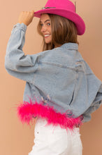 Load image into Gallery viewer, Oversized Ostrich Fur Crop Denim Jacket