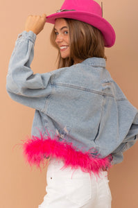 Oversized Ostrich Fur Crop Denim Jacket