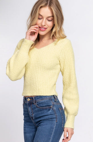 Long Puff Sleeve V-Neck Rib Sweater Top