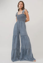 Load image into Gallery viewer, Smocked Tie Chambray Palazzo Wide Pant Jumpsuit