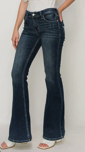 Mid Rise Super Flare Star Rhinestone On Back Pockets Jeans