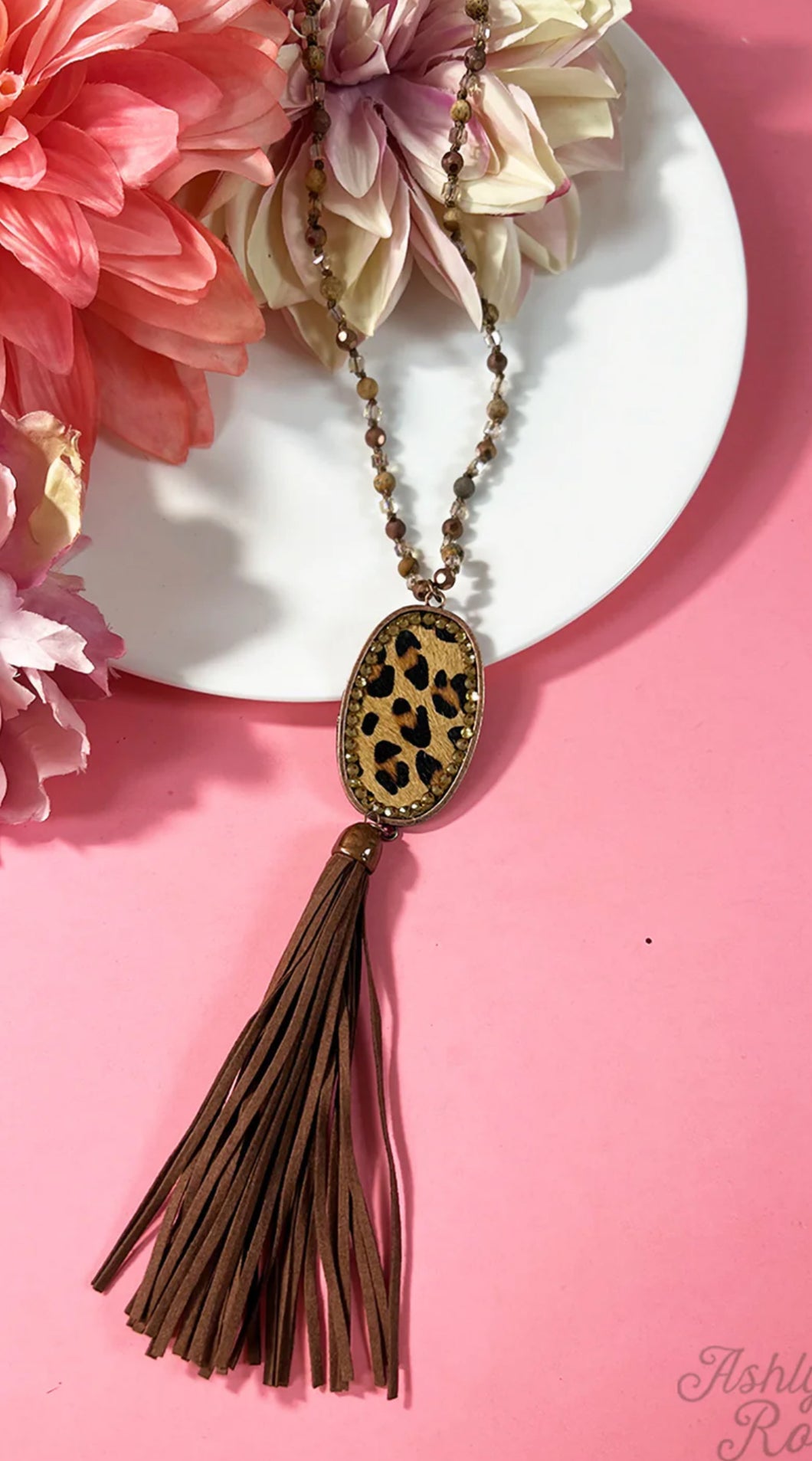 Leopard & Honey Crystal Oval Pendant Beaded Necklace