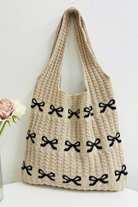 Ribbon Bow Pattern Knitted Woven Crochet Tote Bag