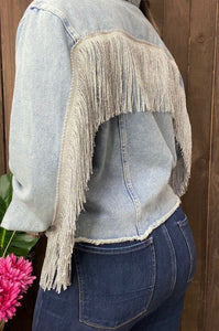 Long Sleeve Denim Jacket With Pocket & Back Fringe