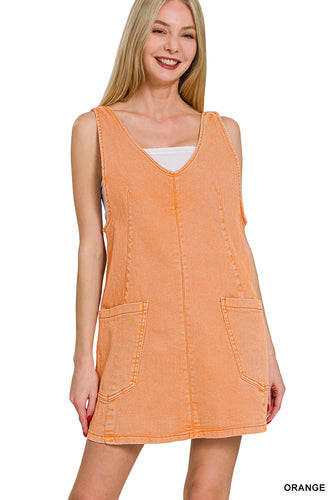 Washed Adjustable Strap Denim Overall Dress