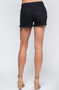 Black - High Rise Distressed Raw Hem Denim Shorts