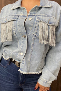 Long Sleeve Denim Jacket With Pocket & Back Fringe