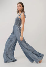 Load image into Gallery viewer, Smocked Tie Chambray Palazzo Wide Pant Jumpsuit