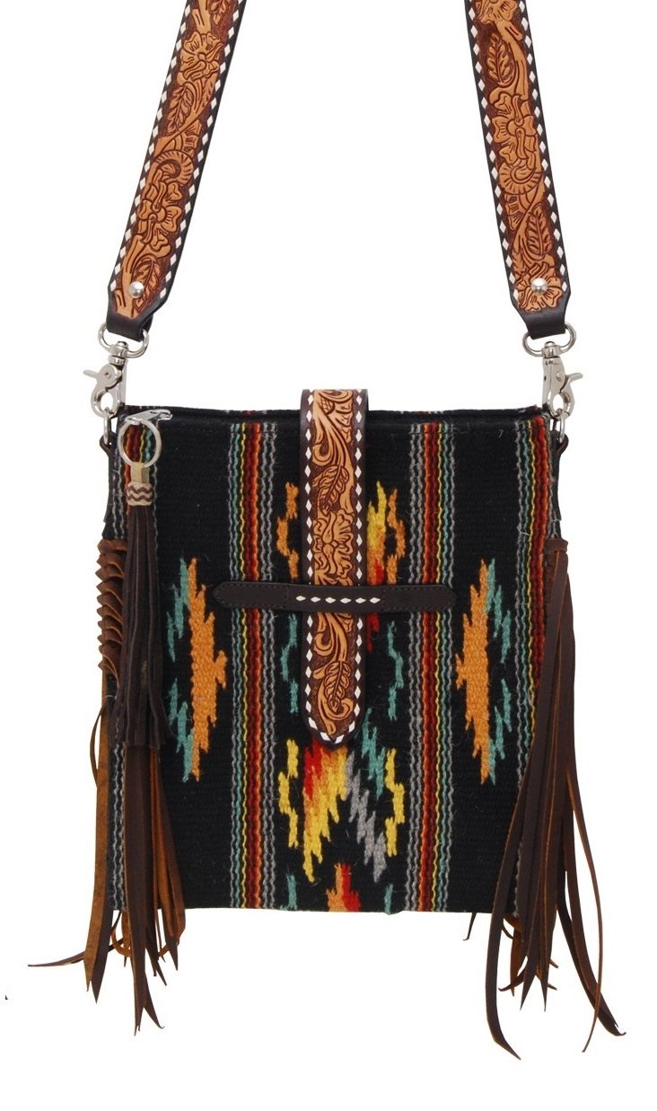 Cross Body Bag with Fringes, Hair Tassel & Tooled Flap